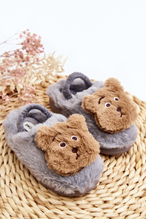 Kapcie Dziecięce Futrzane Z Misiem Szare Dicera