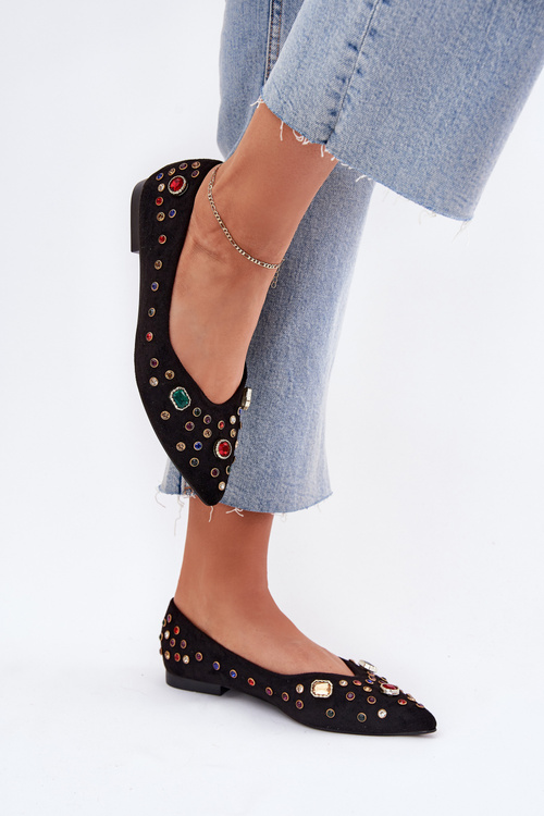 Baleriny Damskie Zdobione Kryształkami Czarne Valena