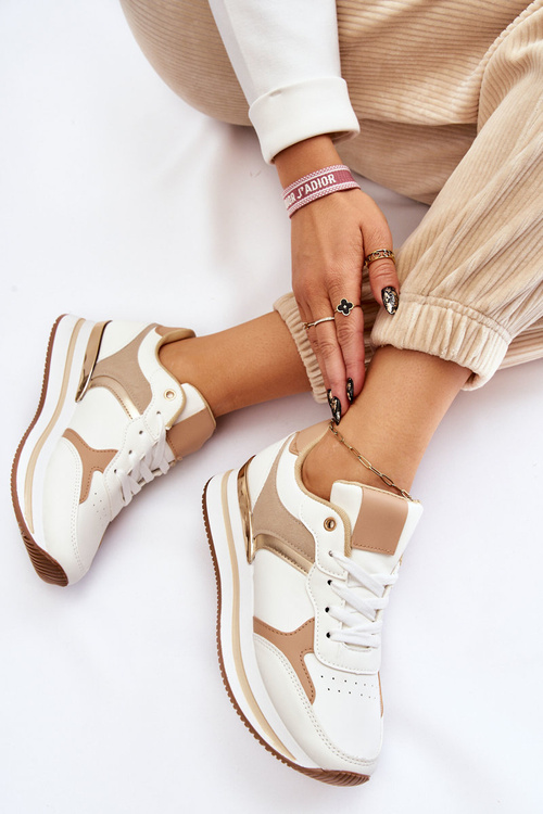 Damskie Modne Buty Sportowe Na Koturnie Biało-Beżowe Yuki