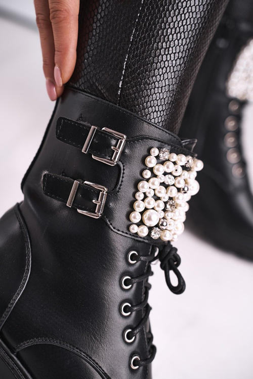 Botki Damskie Płaski Obcas Militarne Czarne Bemmer