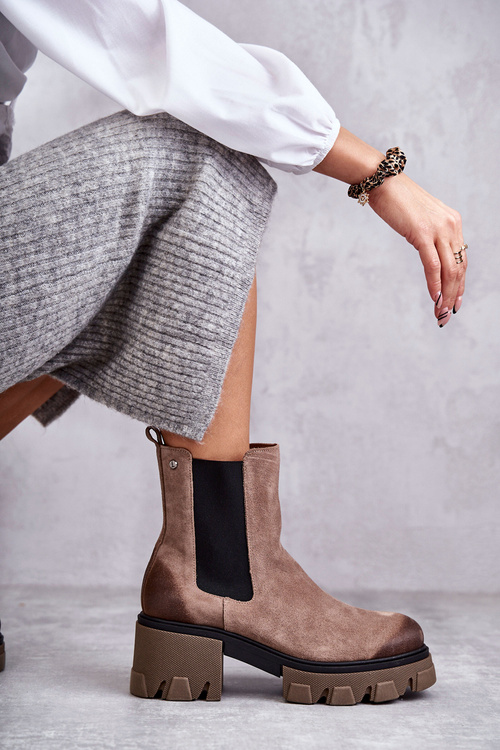 Zamszowe Damskie Botki Na Platformie Beżowe Lemar Hilde