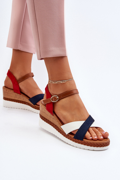 Sandały Na Koturnie Z Paskami Biało-Granatowe Kioda