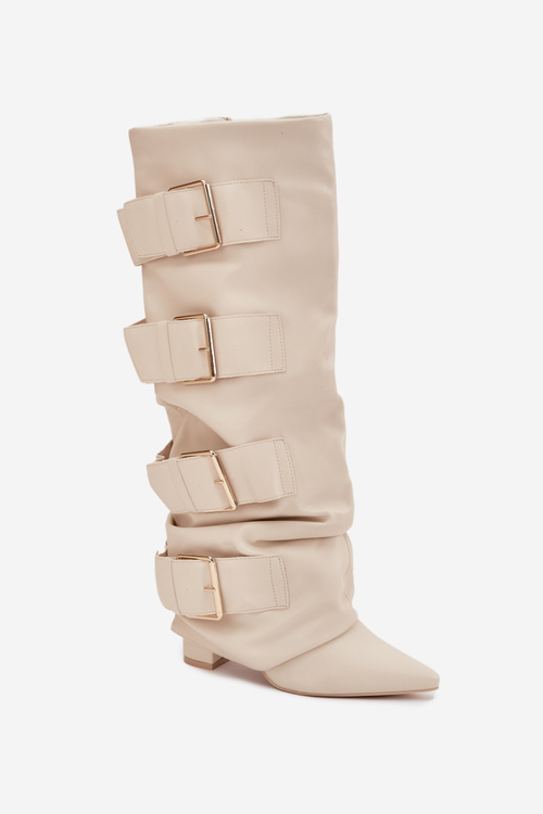 Kozaki Damskie Na Słupku Z Wywiniętą Cholewką I Złotymi Klamrami Jasnobeżowe Isavelle