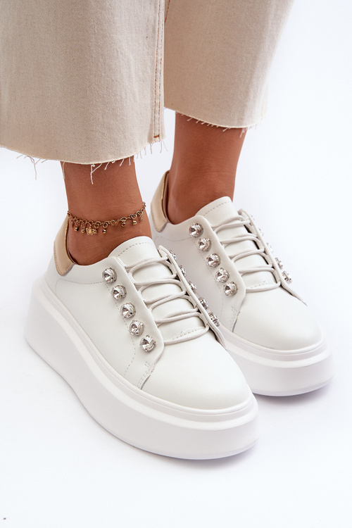 Skórzane Sneakersy Damskie Na Masywnej Platformie Białe S.Barski LR628