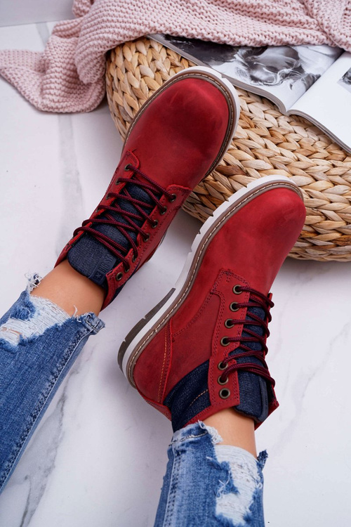 Damskie Botki Trapery Big Star Skórzane Bordowe EE274006