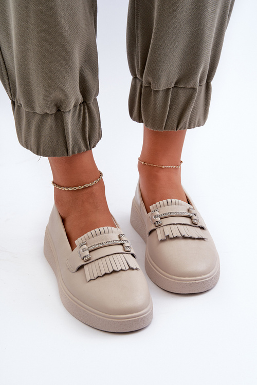 Lekkie Mokasyny Damskie Skórzane Na Platformie Beżowe S.Barski LR590