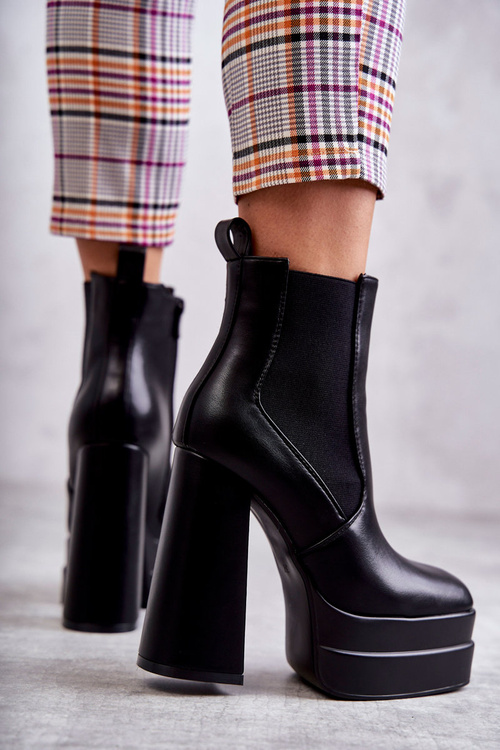 Damskie Skórzane Botki Na Masywnym Obcasie Czarne Jones