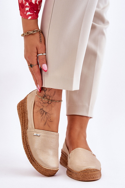 Damskie Skórzane Espadryle Na Koturnie Beżowo-Złote Lemar Hadlee