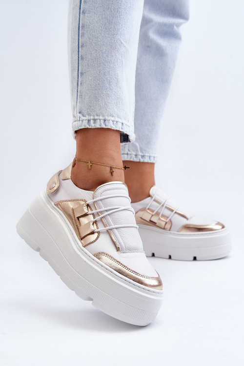 Zazoo 1833 Sneakersy Damskie Skórzane Na Masywnej Podeszwie Biało-Złote