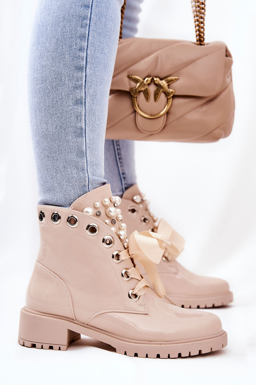 Lakierowane Ocieplane Workery Z Perełkami Beżowe Perla