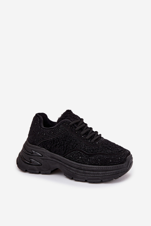 Sneakersy Damskie Z Cyrkoniami I Futerkiem Typu Baranek Czarne Zarika