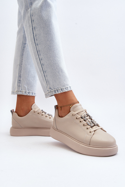 Damskie Sneakersy Skórzane Z Ozdobami Beżowe Dysuria