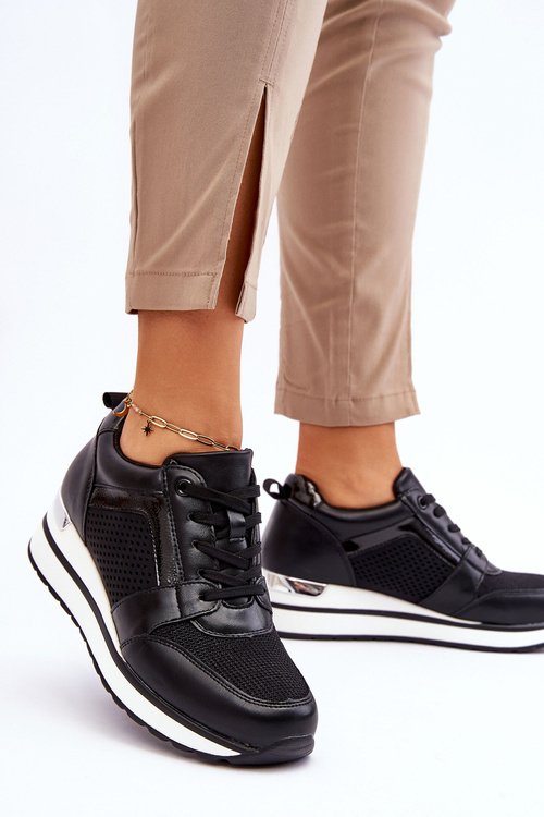 Skórzane Buty Sportowe Na Niewysokim Koturnie Czarne Braylen