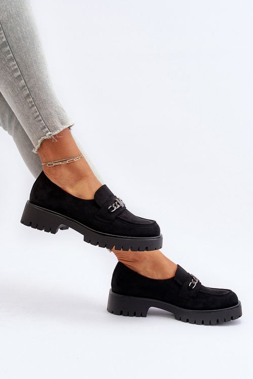 Zamszowe Mokasyny Damskie Z Ozdobą Czarne Loraleima