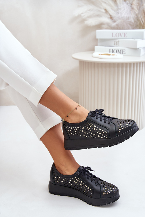 Zazoo 2973 Skórzane Półbuty Na Platformie Z Ażurowym Wzorem Czarne