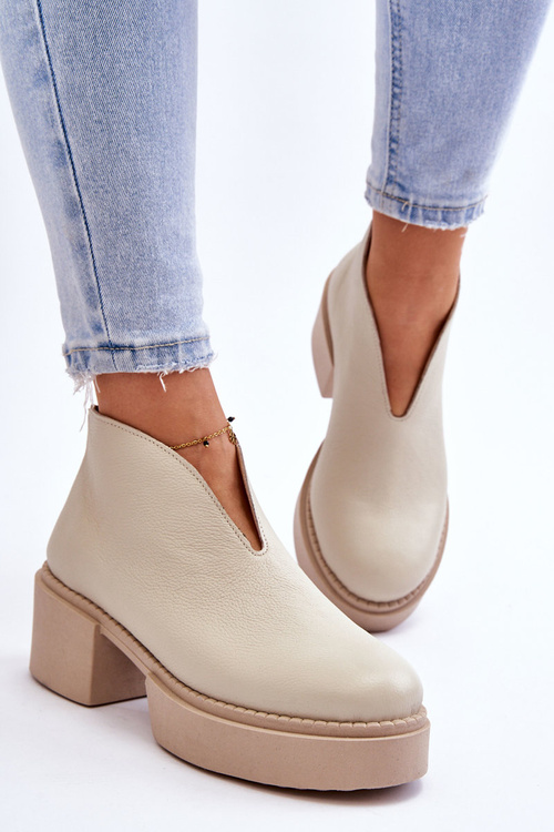 Skórzane Botki Na Masywnym Obcasie Nicole 2795/054 Jasnobeżowe