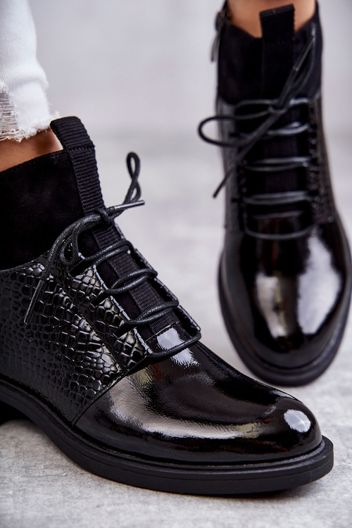 Lakierowane Ocieplane Botki Sznurowane Czarne Cathrine