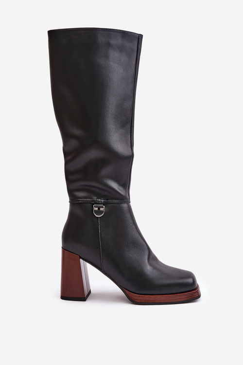 Skórzane Eleganckie Kozaki Na Słupku Ocieplane D&A JC42-39 Czarne