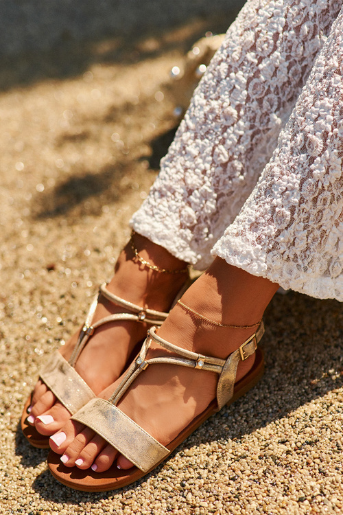 Damskie Płaskie Sandały Z Paskami S.Barski KV27-010 Złote