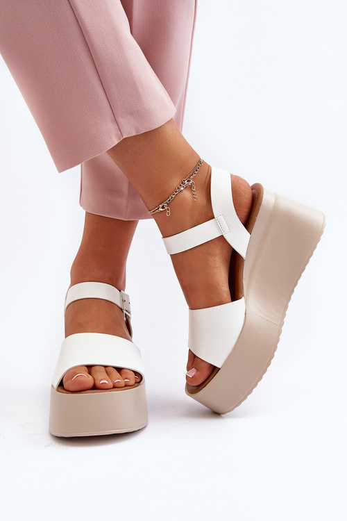 Damskie Sandały Na Koturnie Białe Geferia