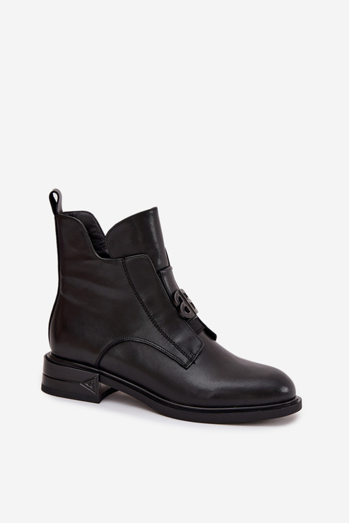 Ocieplane Skórzane Botki Damskie Z Ozdobnym Detalem Czarne Briselda