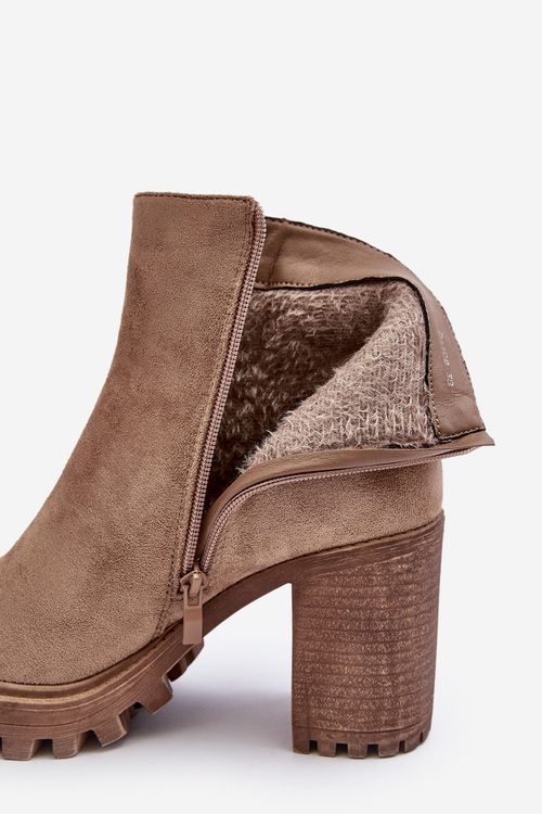 Zamszowe Damskie Botki Na Słupku Z Ozdobą Beżowe Menoria