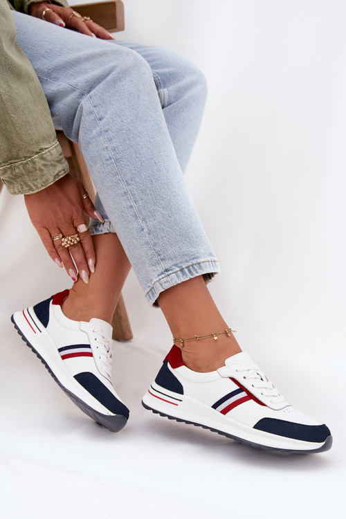 Buty Sportowe Skórzane Damskie Biało-Granatowe Lorvessa