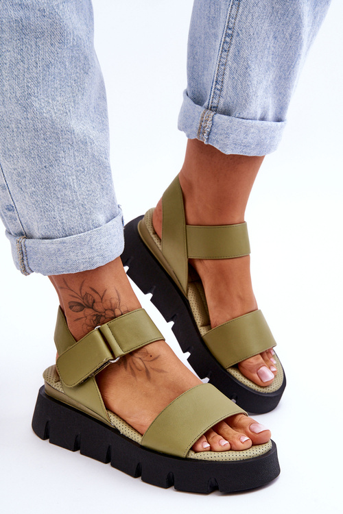 Damskie Skórzane Sandały Na Platformie Zielone Katte