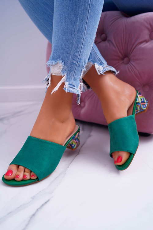 Klapki Damskie Eleganckie Na Klocku Zamszowe Zielone Valencia