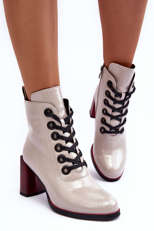 Lakierowane Sznurowane Botki Na Słupku S.Barski MR870-15 Jasnoszare