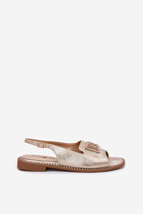 Eleganckie Sandały Damskie Na Płaskim Obcasie Z Ozdobą S.Barski KV51-082 Złote