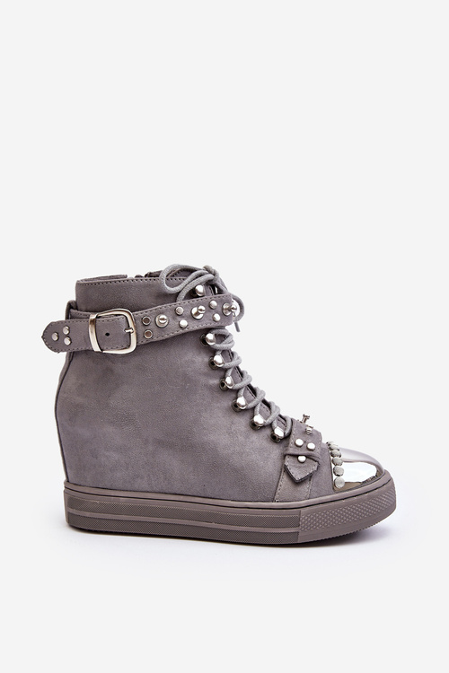 Ocieplane Botki Na Koturnie Z Dżetami Zamszowe Lu Boo Szare