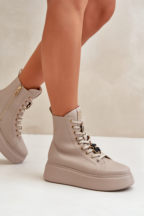 Damskie Skórzane Botki Workery Z Przypinkami Beżowe CheBello 4294