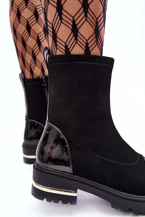 Skórzane Klasyczne Botki Na Płaskim Obcasie Czarne Shendete