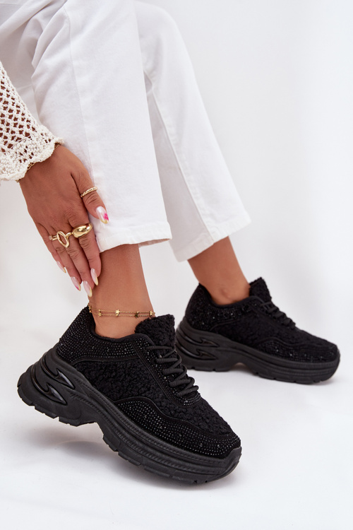 Sneakersy Damskie Z Cyrkoniami I Futerkiem Typu Baranek Czarne Zarika