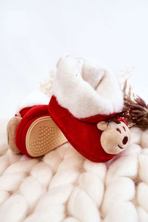 Dziecięce Ocieplane Papcie Renifer Z Kokardką Czerwone