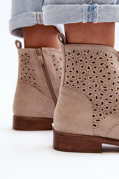 S.Barski HY66-136 Damskie Botki Ze Wzorem Jasnobeżowe