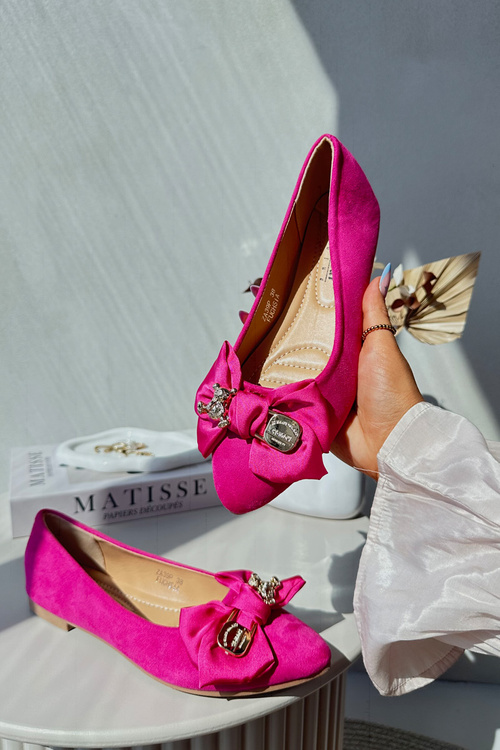 Damskie Eko Zamszowe Baleriny Z Kokardą I Broszką Fuksja Satris